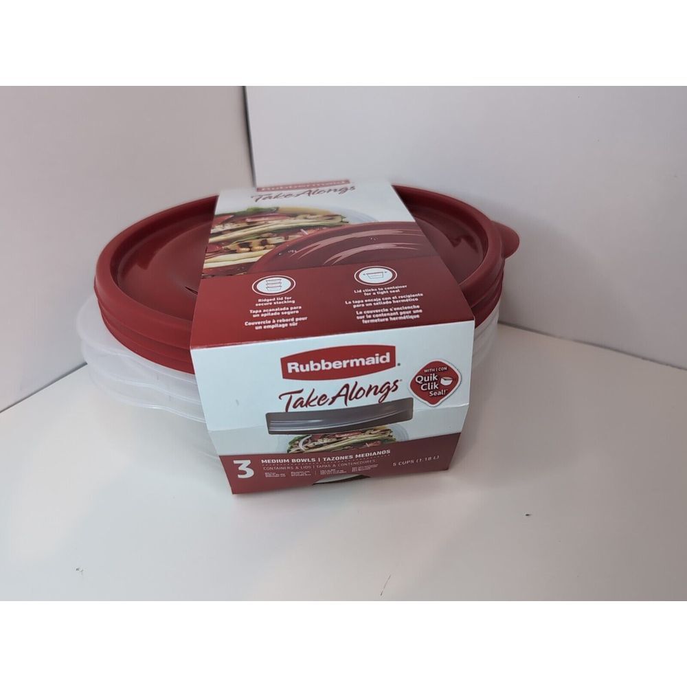NEW Rubbermaid Take Alongs Medium Bowls Round 5 Cups 3 Pack Red/ Clear